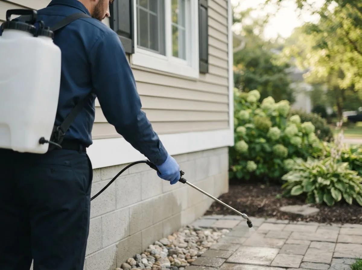 Pest control technician inspecting a home in Creola, OH